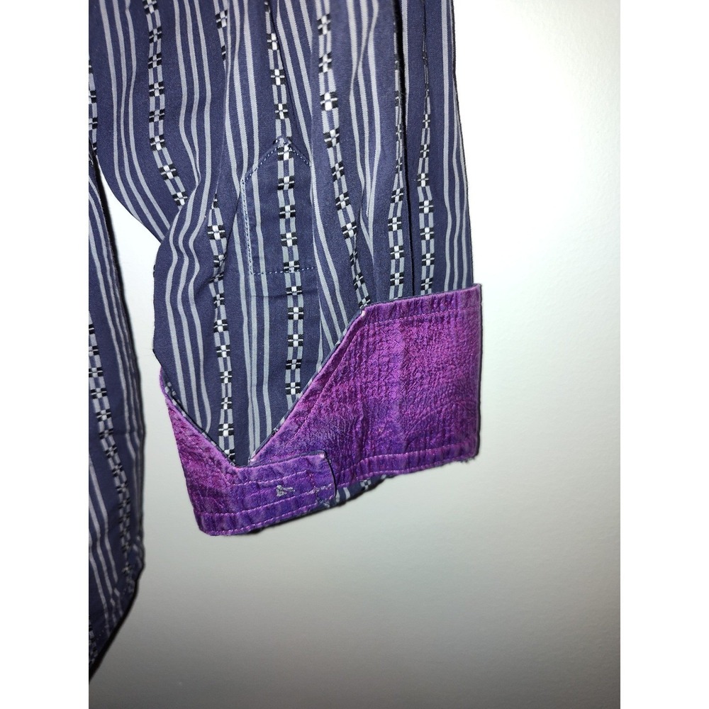 Robert Graham Mens Blue White Striped Button Down Shirt Purple Cuffs Size XL - Picture 12 of 12